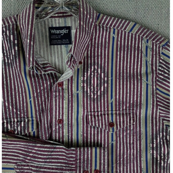 Wrangler Cowboy Cut Shirt Men 16.5-34 Burgundy Striped Western Long Tail - Picture 2 of 9